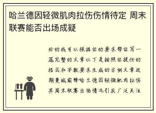 哈兰德因轻微肌肉拉伤伤情待定 周末联赛能否出场成疑